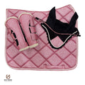 Pink glitter saddle pad set with matching brushing boots, black ear bonnet with pink crystals and browband by Best Horse