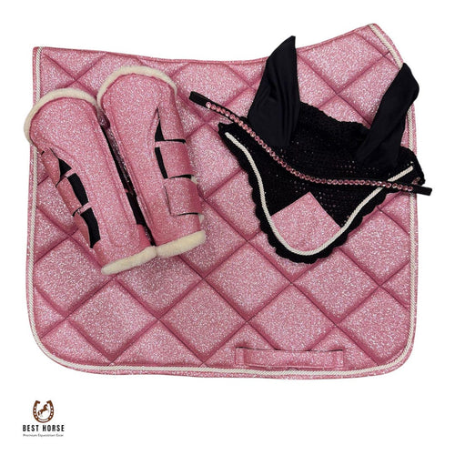 Pink glitter saddle pad set with matching brushing boots, black ear bonnet with pink crystals and browband by Best Horse