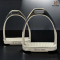 Pair of polished stainless steel Fillis stirrup irons with white grip treads and engraved Best Horse logo
