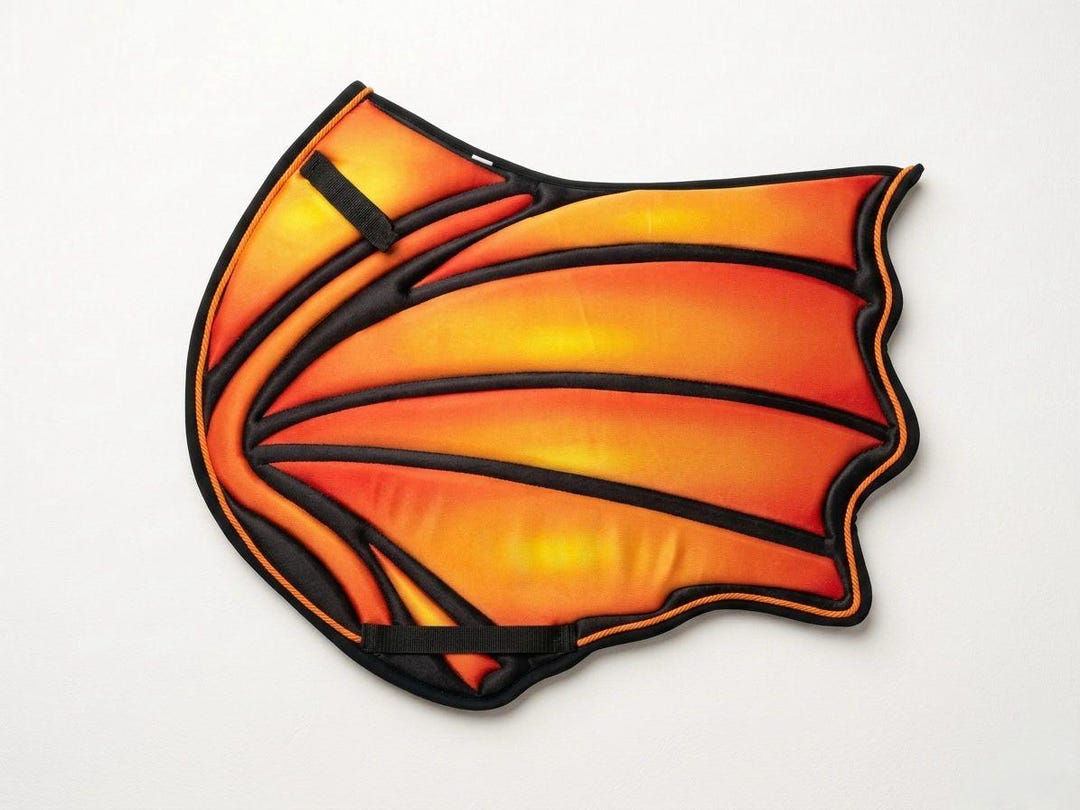 Fire dragon wing saddle pad with orange and yellow flame gradient and black piping by Best Horse