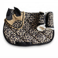 Tan leopard print saddle pad set with black crochet fly veil and leopard brushing boots by Best Horse