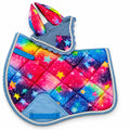 Rainbow galaxy star print saddle pad and matching blue fly veil set for kids by Best Horse