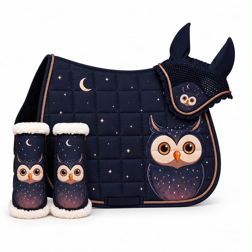Navy owl and moon saddle pad set with matching fly veil and brushing boots by Best Horse