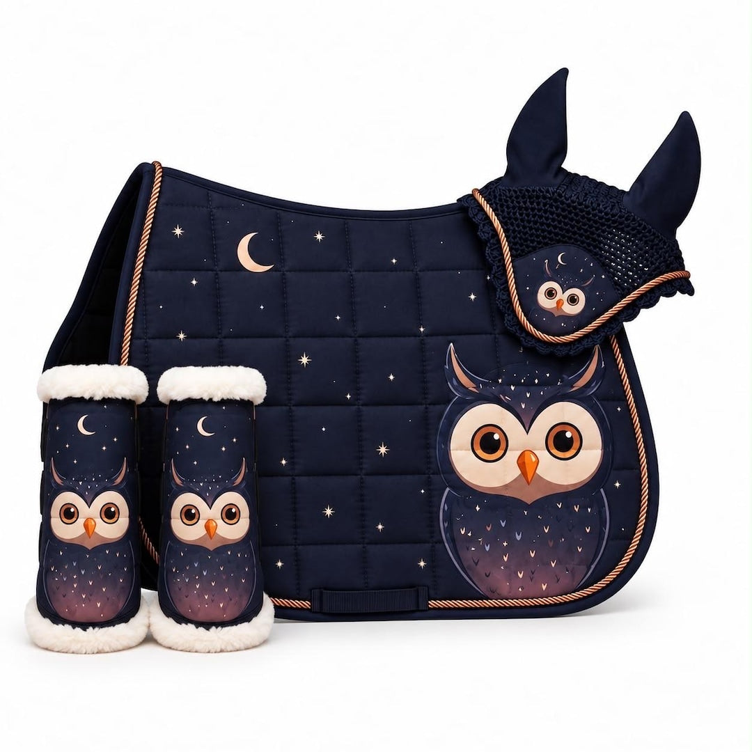 Navy owl and moon saddle pad set with matching fly veil and brushing boots by Best Horse