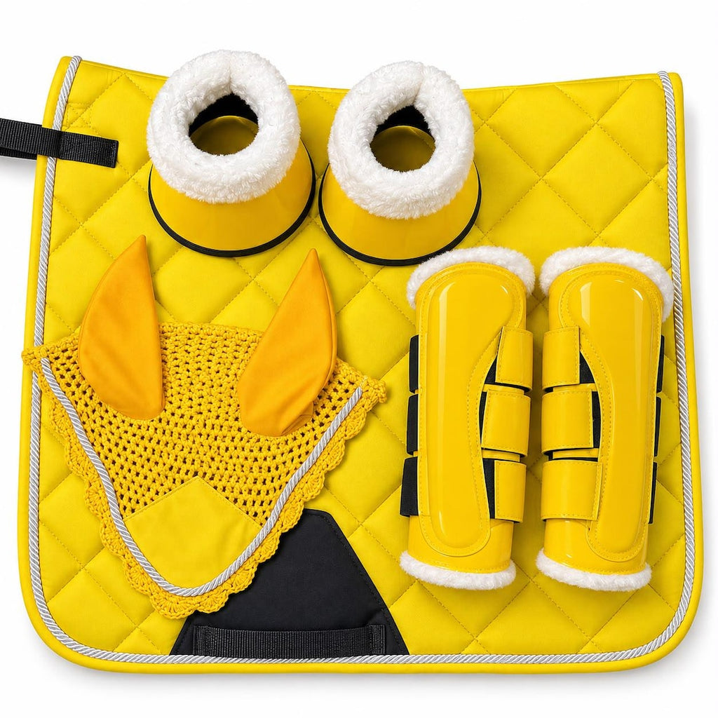 Yellow dressage saddle pad set with matching fly bonnet, brushing boots and bell boots by Best Horse