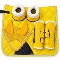 Yellow dressage saddle pad set with matching fly bonnet, brushing boots and bell boots by Best Horse