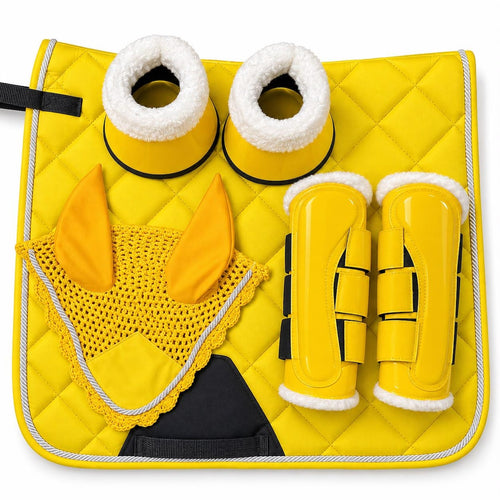 Yellow dressage saddle pad set with matching fly bonnet, brushing boots and bell boots by Best Horse