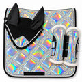 Holographic rainbow dressage saddle pad set with black fly veil and iridescent brushing boots by Best Horse