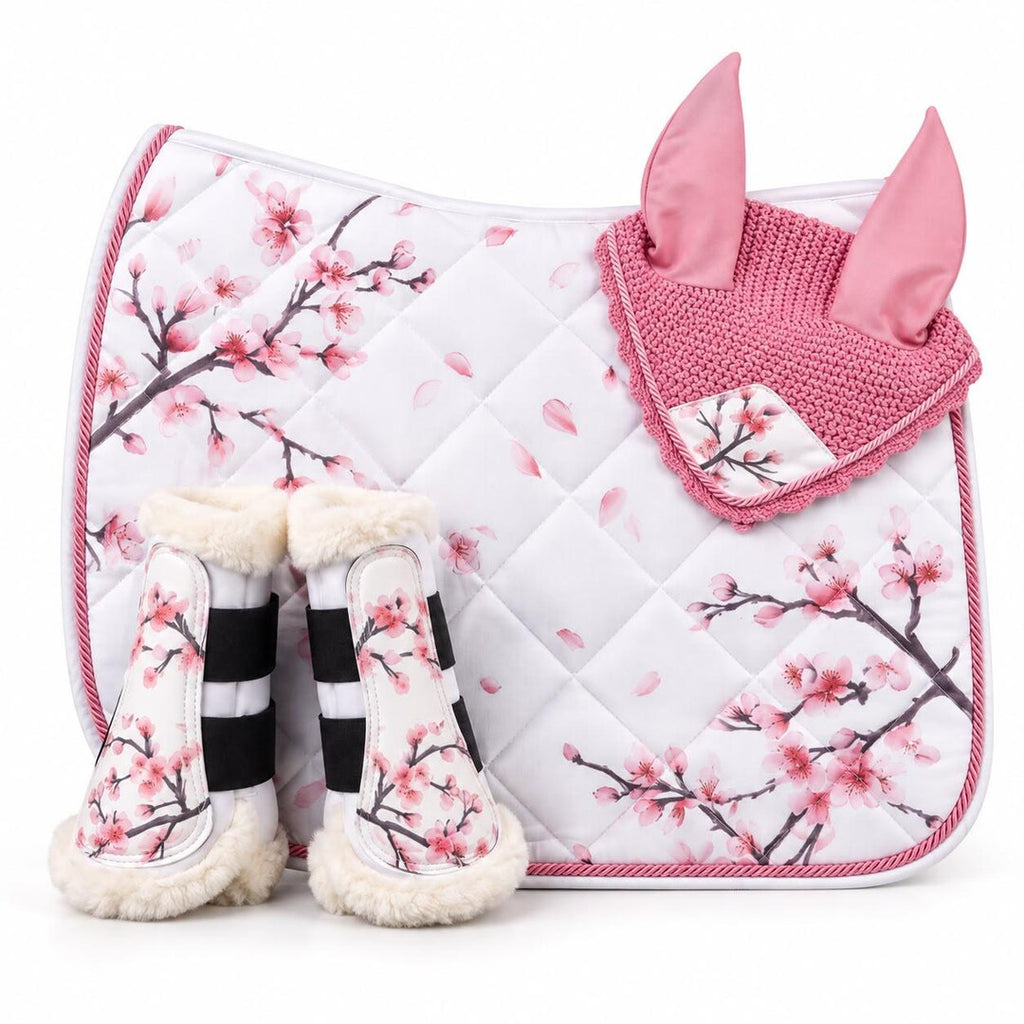 Cherry blossom dressage saddle pad set with pink fly veil and floral brushing boots by Best Horse