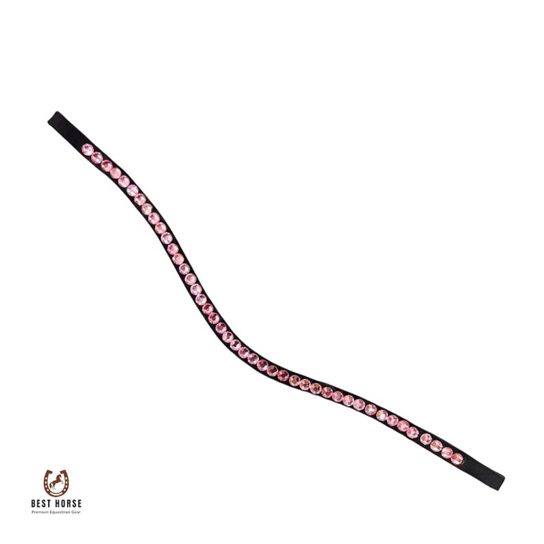 Black leather horse browband with curved row of pink crystals