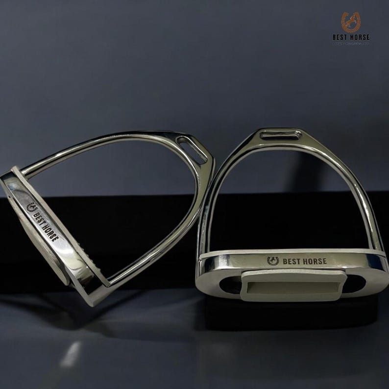 Stainless steel Fillis stirrups side view showing Best Horse engraving on the footbed