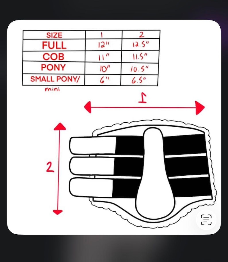 Brushing boot size chart for Full, Cob, Pony and Small Pony sizes