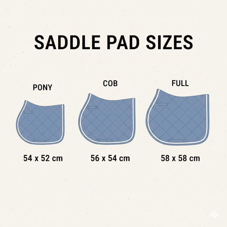 Saddle pad size chart: Pony 54x52 cm, Cob 56x54 cm, Full 58x58 cm