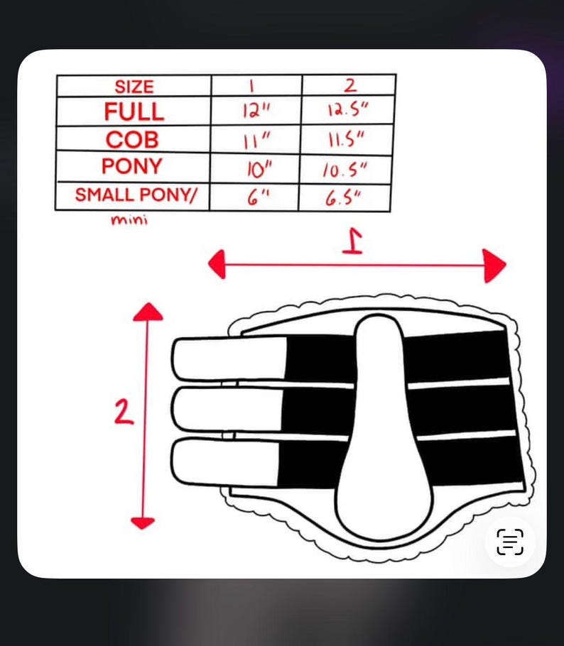 Brushing boot size chart for Full, Cob, Pony and Small Pony sizes