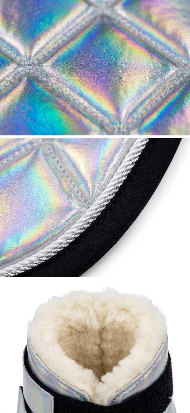Holographic horse brushing boot with silver cord trim and cream lining
