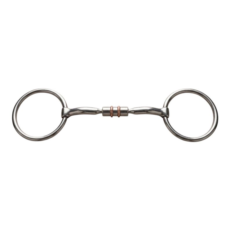 Close-up of stainless steel snaffle bit centre with copper rollers