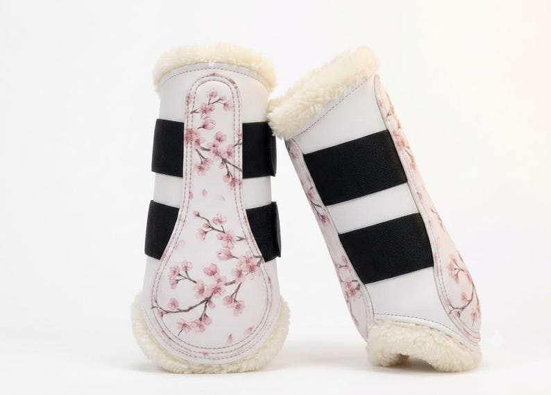 White cherry blossom print horse brushing boots with cream fleece lining