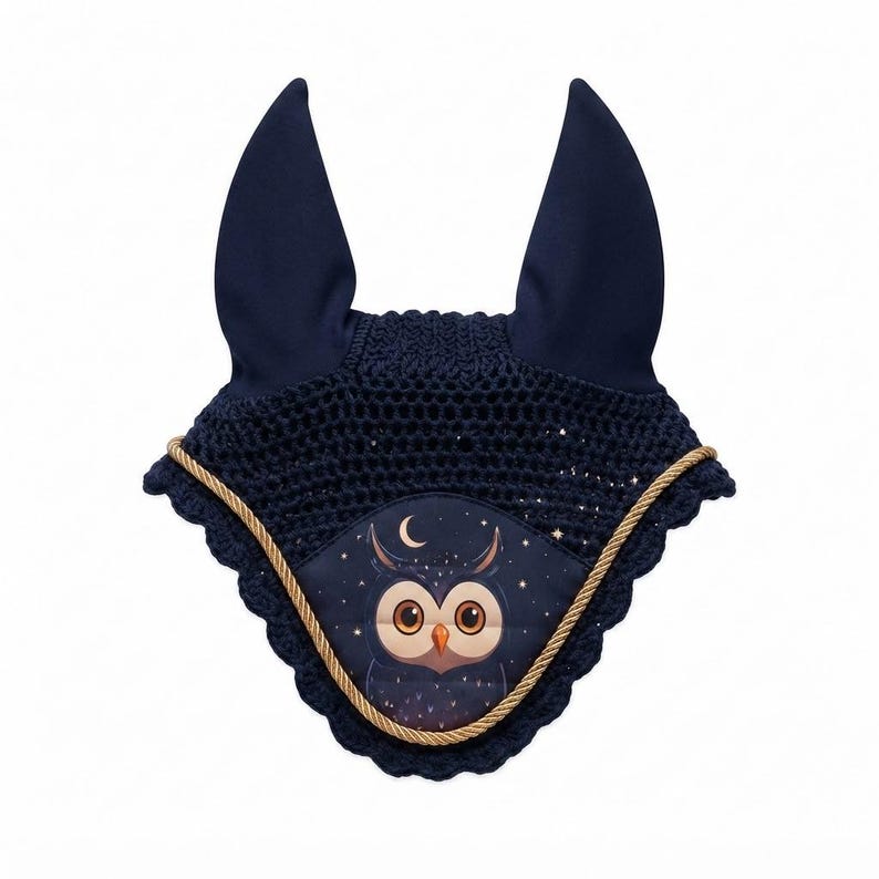 Navy crochet horse ear bonnet with owl and crescent moon patch and gold rope trim