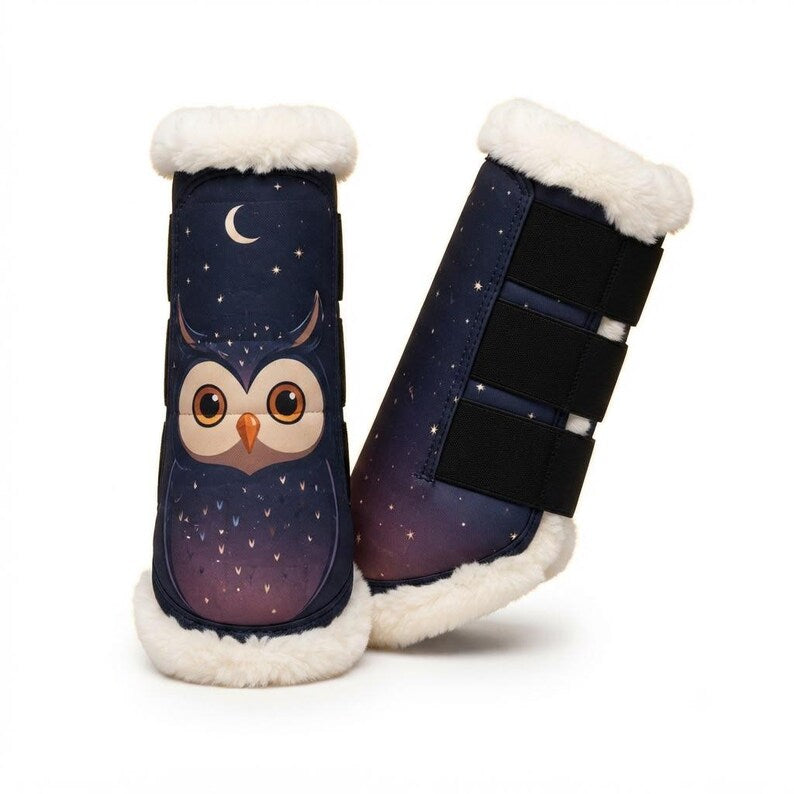 Owl and moon print horse brushing boots with white fleece lining