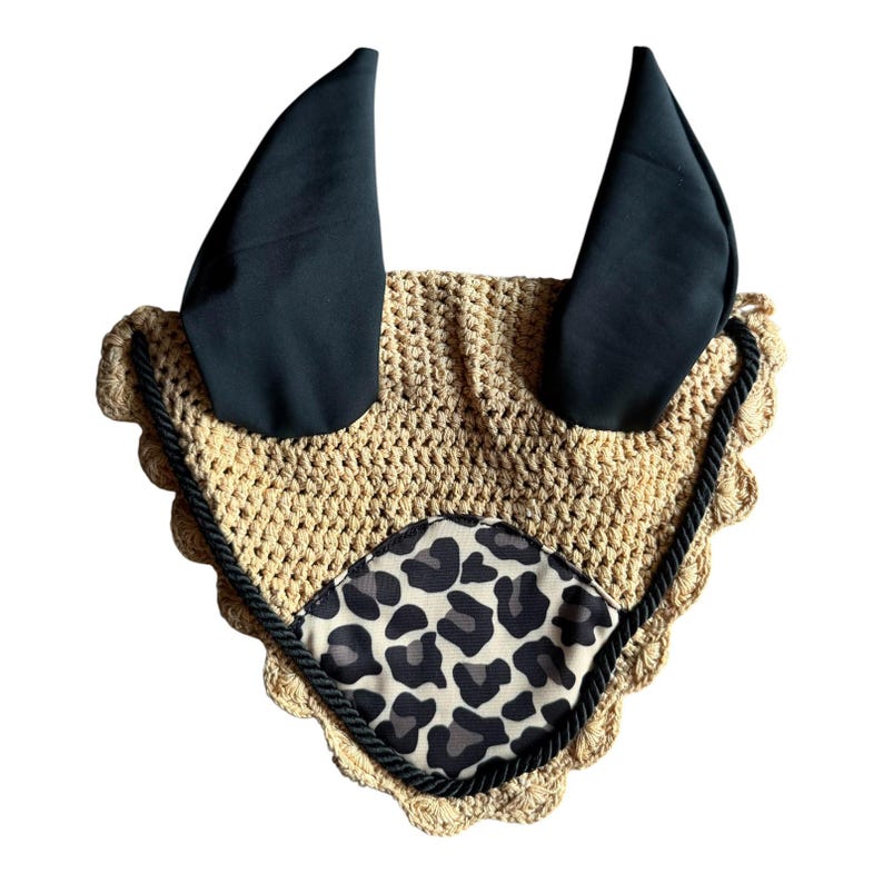 Tan leopard print horse brushing boots with white fleece trim
