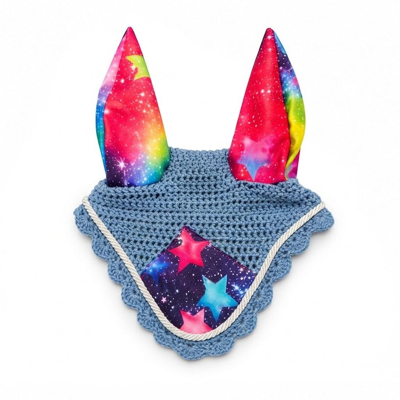 Blue crochet horse fly veil with rainbow galaxy star print ears and white trim