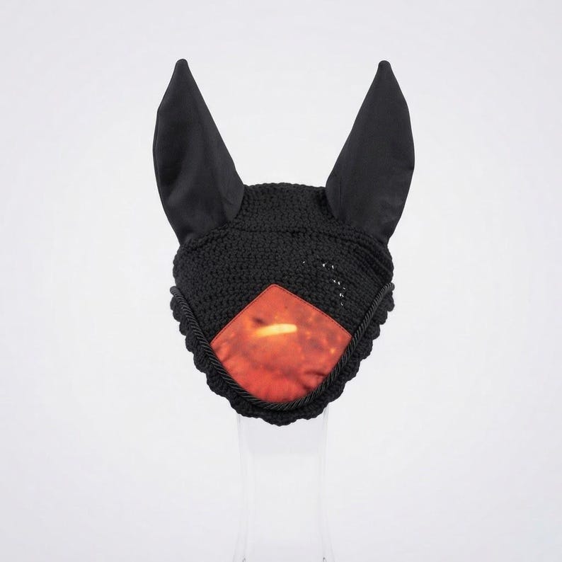 Black crochet horse fly veil ear bonnet with red and orange gradient front panel