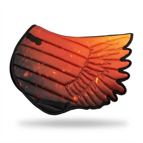 Wing-shaped quilted horse saddle pad with fire and ember gradient print and black rope binding