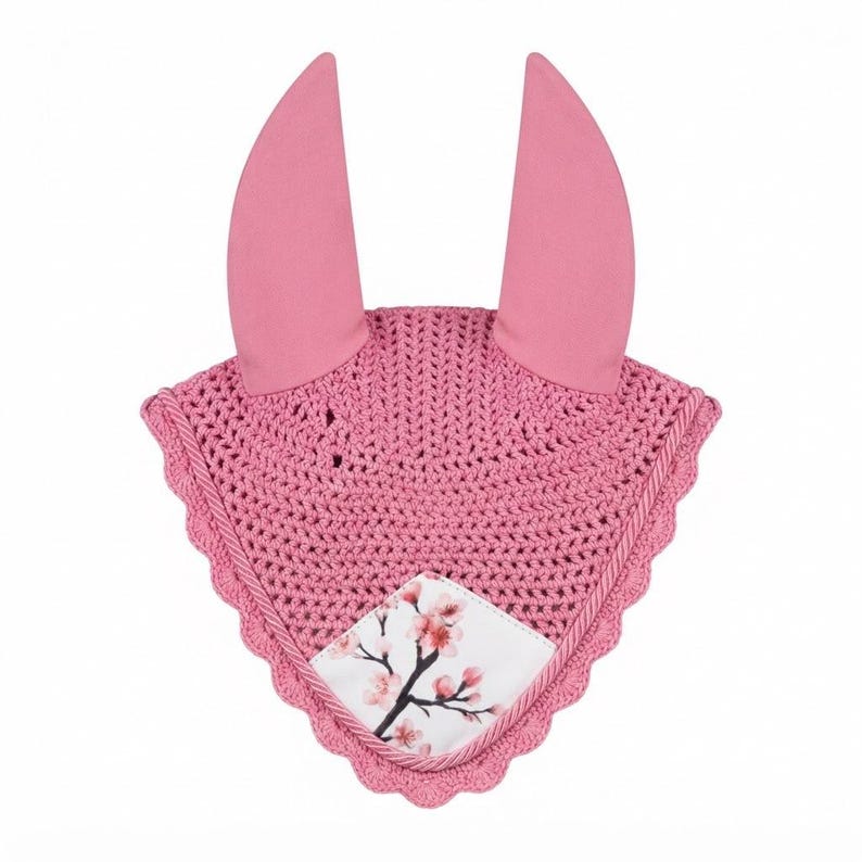 Pink crochet horse fly veil ear bonnet with cherry blossom patch
