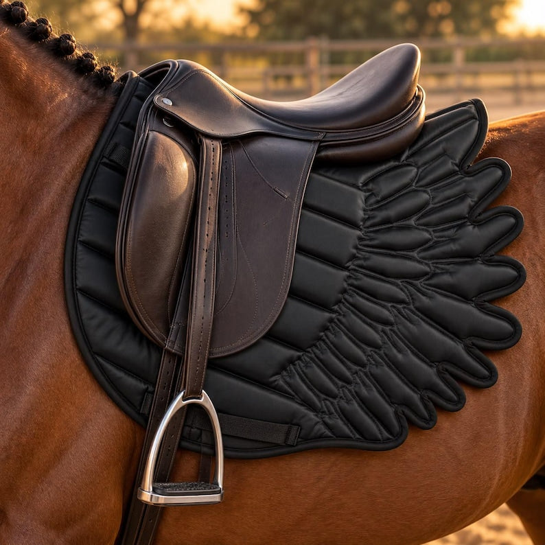 Brown leather saddle on black angel wing saddle pad
