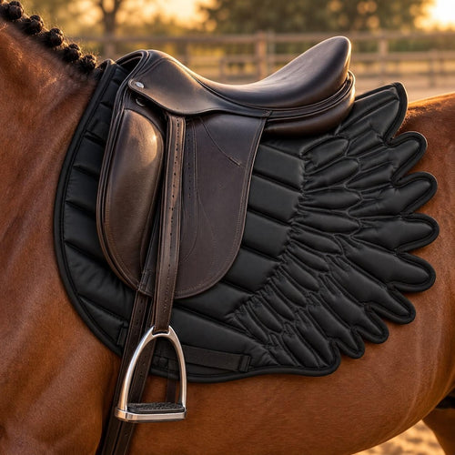 Brown leather saddle on black angel wing saddle pad