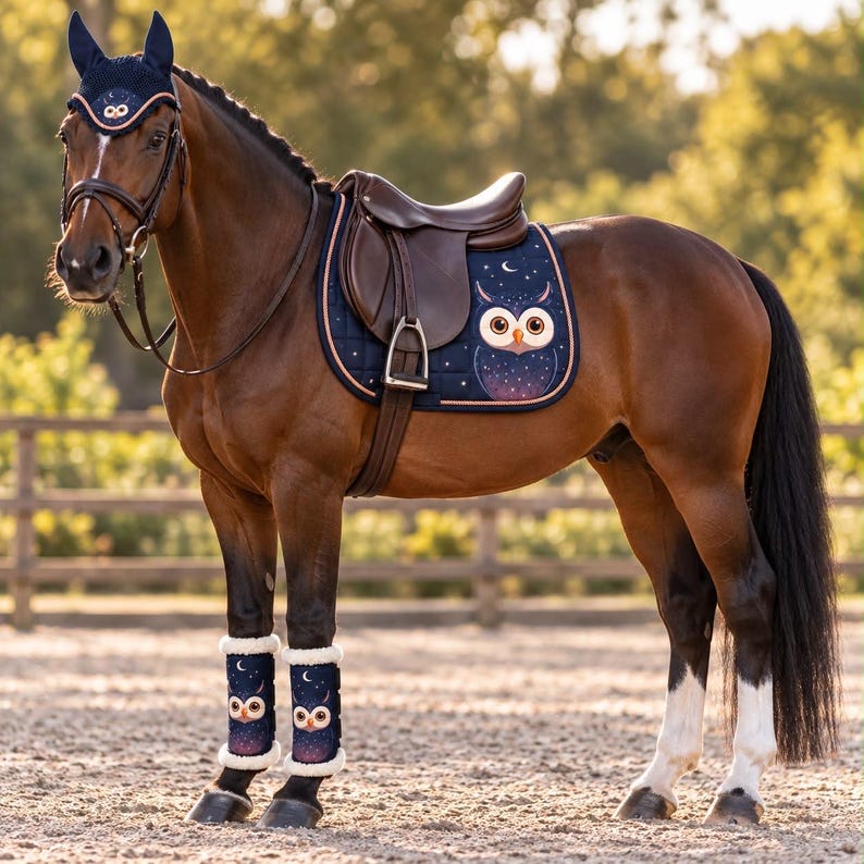 Brown pony wearing navy owl and moon celestial saddle pad set