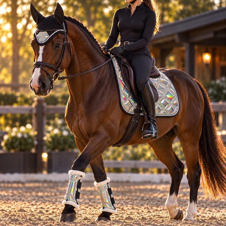 Holographic dressage saddle pad shifting from silver to rainbow in the light