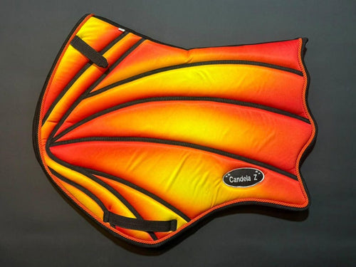 Dragon wing shaped saddle pad with yellow to orange gradient and personalized name patch