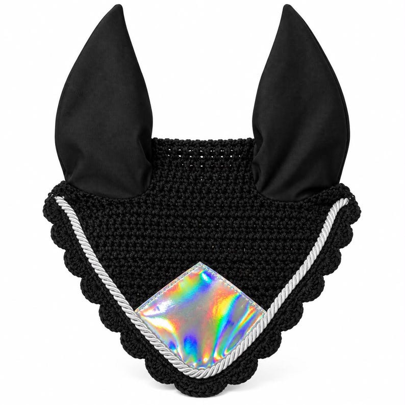 Black crochet fly veil ear bonnet with holographic accent patch