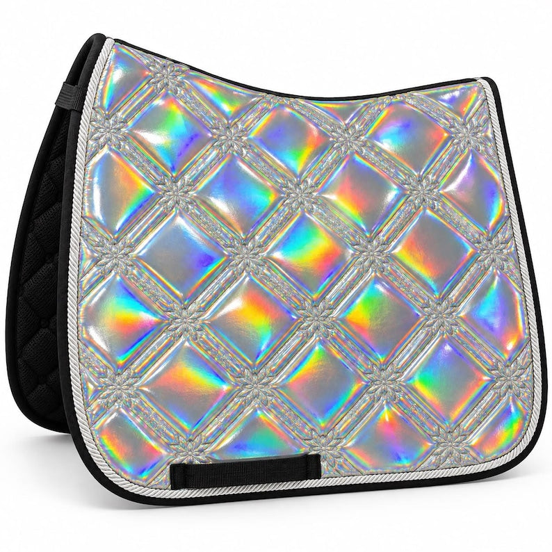Iridescent holographic silver dressage saddle pad with black binding and white rope trim