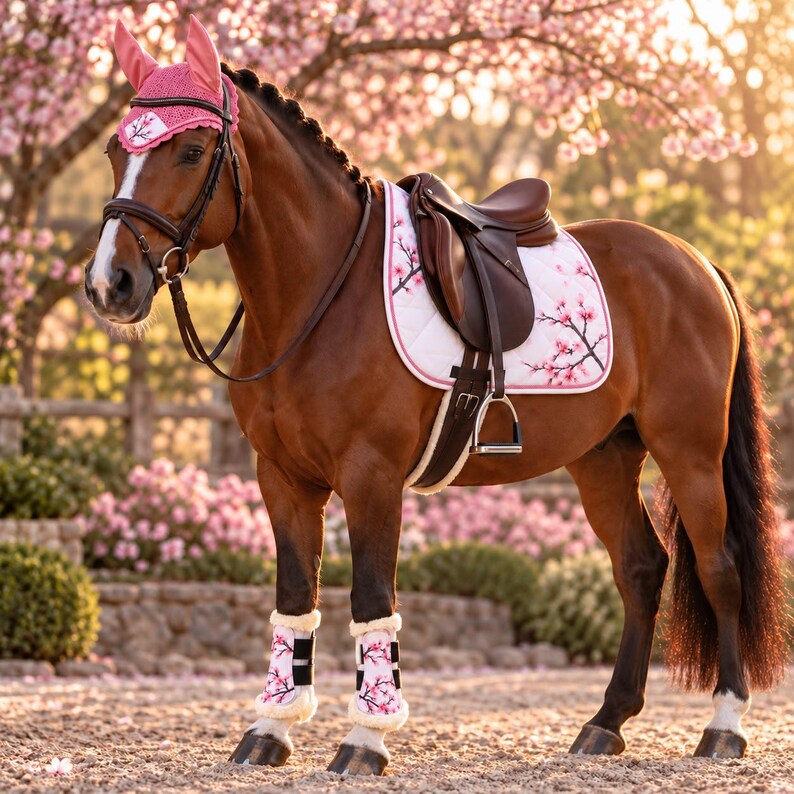 White dressage saddle pad with pink cherry blossom print and pink rope trim