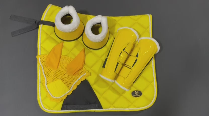 Yellow Dressage Saddle Pad Set with Fly Bonnet, Brushing Boots & Bell Boots